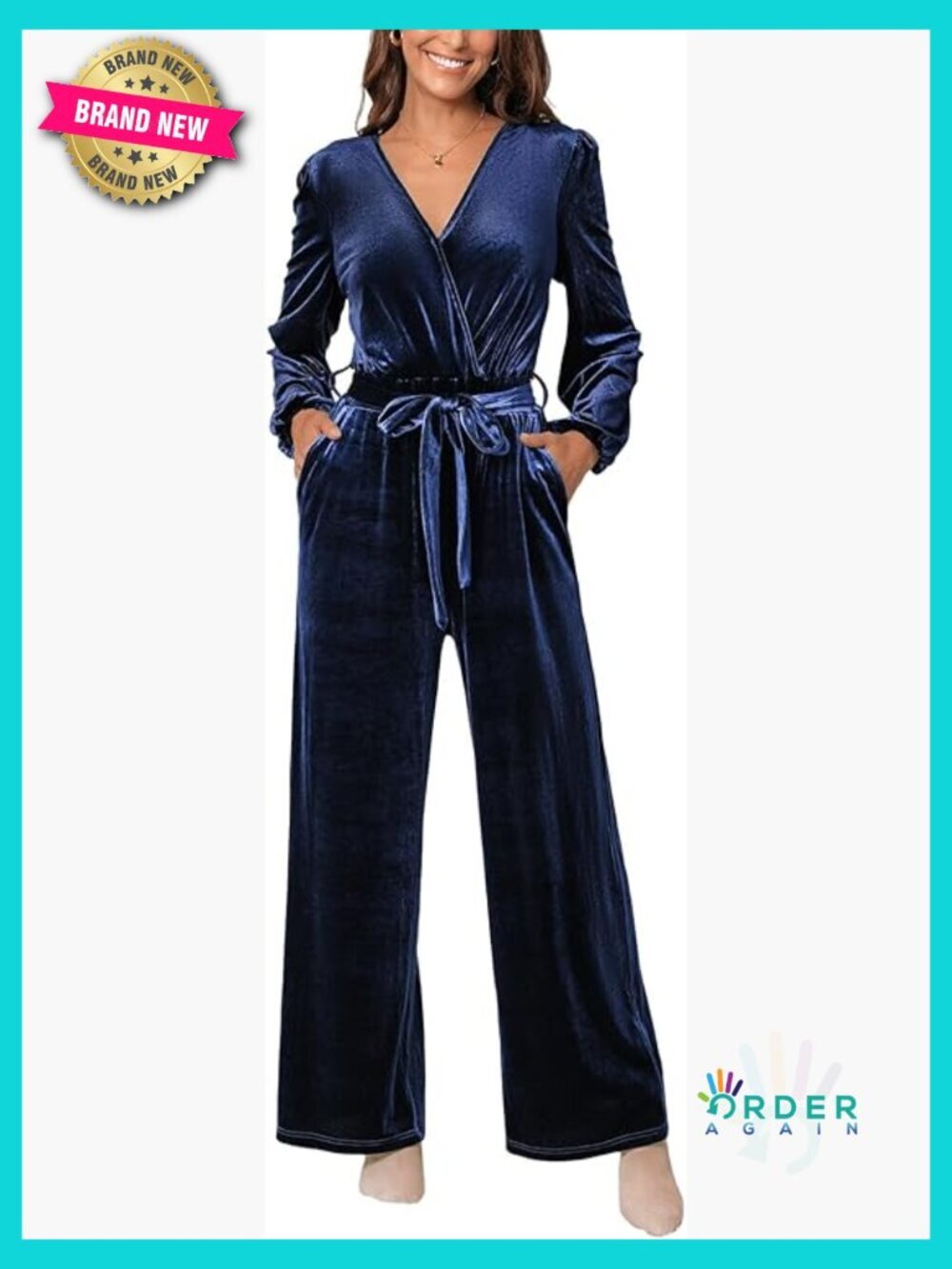 Velvet Wide Leg Maxi Jumpsuit V Neck Long Sleeve Belted Pockets Romper Fall